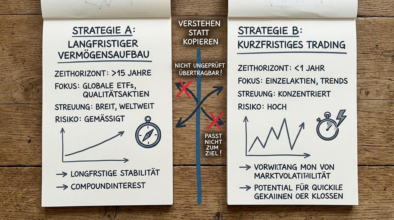 Zwei nebeneinandergelegte Notizzettel, die zwei unterschiedliche Anlagestrategien mit verschiedenen Zeithorizonten skizzieren