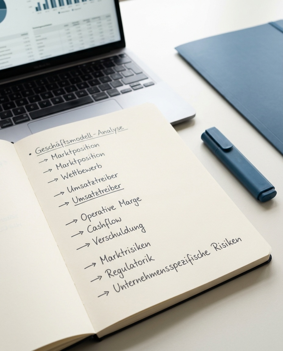 Aufgeschlagenes Analyseheft mit handschriftlichen Notizen zu Geschäftsmodell und Risiken neben einem Laptop am Redaktionsschreibtisch