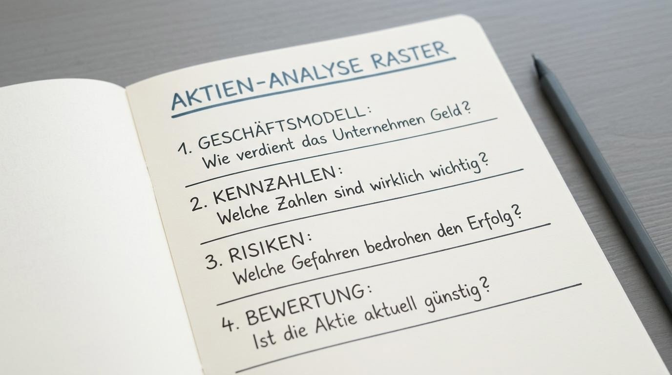 Notizbuch mit einem strukturierten Analyseraster für den Einstieg in die Aktienanalyse
