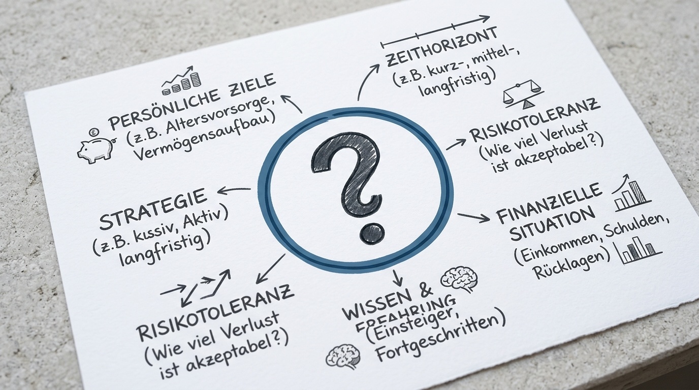 Handgezeichnetes Fragezeichen umgeben von Auswahlkriterien wie Zielen, Zeithorizont und Risikotoleranz