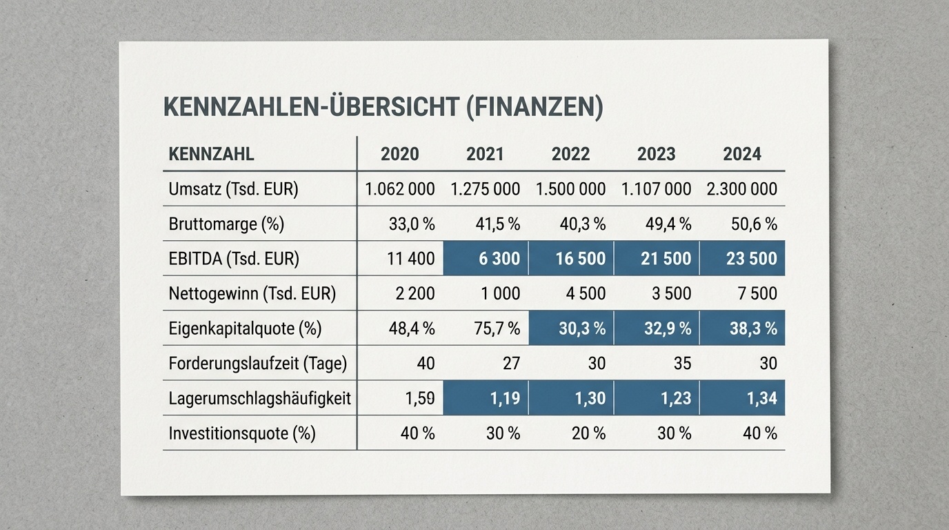 Tabelle mit finanziellen Kennzahlen, bei der einzelne Werte im Kontext mehrerer Jahre farblich hervorgehoben sind